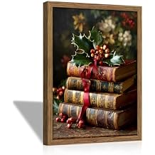 Vintage Christmas Books Canvas Wall Art Framed, Dark Academia Pictures Wall Decor, Rustic Xmas Bookish Decor, Moody Paintings Prints, Winter Navidad Artwork for Home Library Reading Room 12x16 Inch