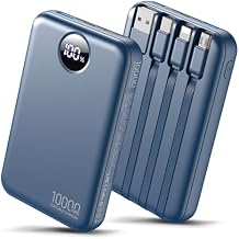HAIARA Portable Charger 10000mAh Power Bank with 4 Built-in Cables,LED Display Compact and Battery Pack with Multiple USB Ports All-in-One Travel Charger for iPhone (Dark Blue)