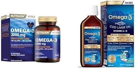 Nutraxin Vitals Omega-3 2000 mg EPA + DHA Balık Yağı içeren Takviye Edici Gıda (1 x 60 kapsül) + Nutraxin Omega-3 for Kids 150 ml