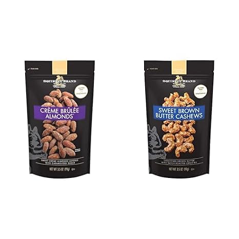 Squirrel Brand Creme Brulee Almonds, 3.5 OZ + Squirrel Brand Sweet Brown Butter Cashews, 3.5 Ounces, Gluten Free, Vegetarian
