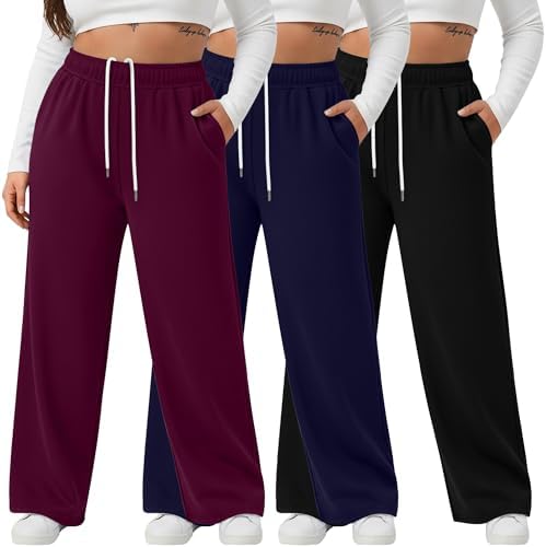 August Alley 3 Pack Womens Plus Size Wide Leg Yoga Pants, Baggy High Waist Lounge Pants, Drawstring Sweatpants with Pockets