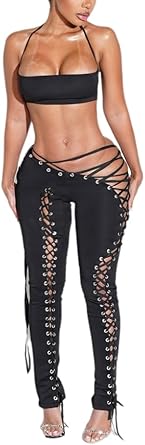 Sexy Club Outfits for Women Two Piece Set Halter Tube Tops High Waist Lace-Up Pants Matching Sets