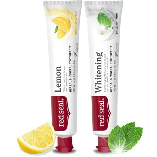 Red Seal Flouride Free Toothpaste Bundle - Lemon and Whitening NATRUE Certified Natural Toothpaste, No Additives, SLS Free, Organic, Vegan Friendly