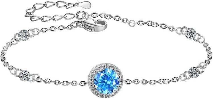 14K White Gold Blue Moissanite Bracelet for Women,Dainty Solitaire Stone Design Bracelet with Round Halo Chain,Fashion Jewelry Gift for Her