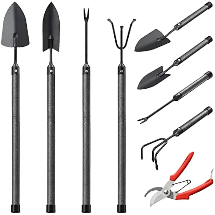 Garden Tool Set, 5-Piece Heavy Duty Gardening Tools Kit with Extendable Handle, Metal Trowel, Cultivator, Weeder, Pruner, Back-Saving Grips for Yard Raised Bed, Rust-Proof, Gift for Women, Men, Kids