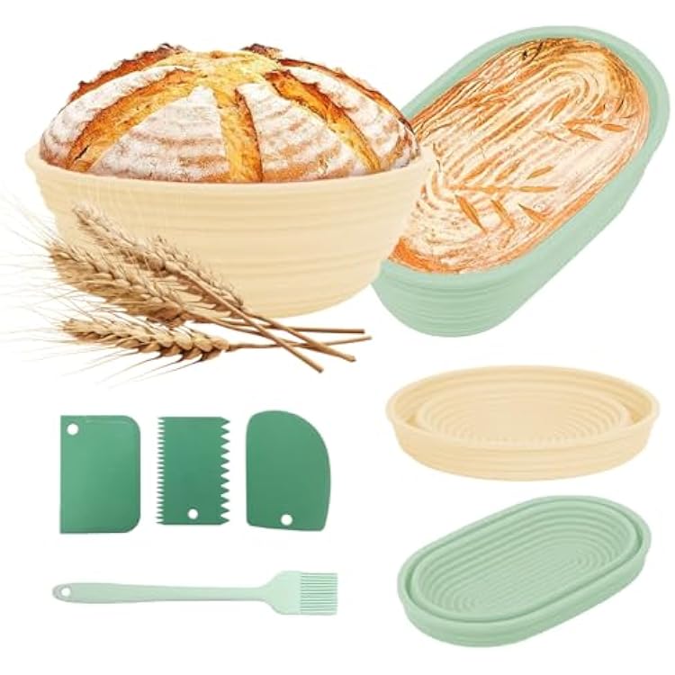 Silicone Banneton Bread Proofing Basket, 9 inch Round & 10 inch Oval Banneton Basket, Foldable Sourdough Proofing Basket, Proofing Bowls for Sourdough Bread, Sourdough Starter Kit