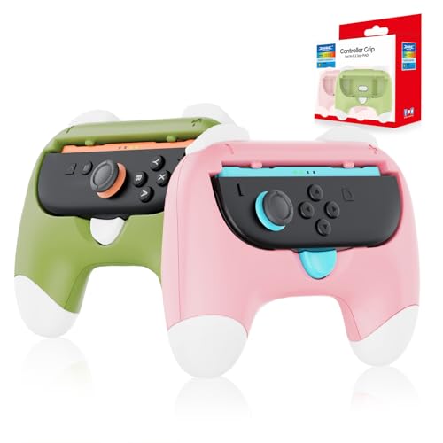 Auarte Controller Grips for Joy-Con Compatible with Nintendo Switch 2, 2 Pack Cute Comfort Wear-Resistant Handle Kit Accessories, Holder for 2025 Switch 2 JoypadsWhite, Pink and Green