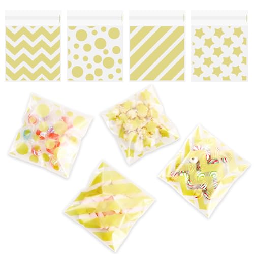 Gold Cellophane Treat Bags, 100Pcs Cookie Bags with Seal, Plastic Polka Dot Stripes Self Sealing Cookie Candy Gift Goodie Snack Bag for Birthday Halloween Christmas Party Favor Supplies 3.9 X 4.7 Inch