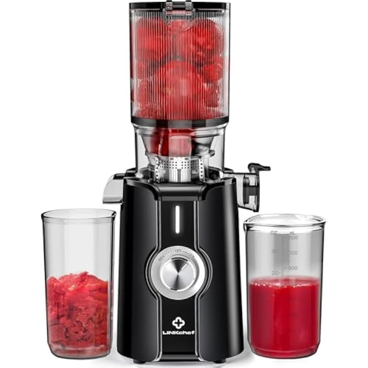Rush Clear Slow Masticating Juicer Machines, Cold Press Juicer with No-Prep 4.35 Feed Chute Fit Whole Fruits & Vegetables Juicer Machine Easy to Clean, LINKChef 42oz Capacity, 200w, Black