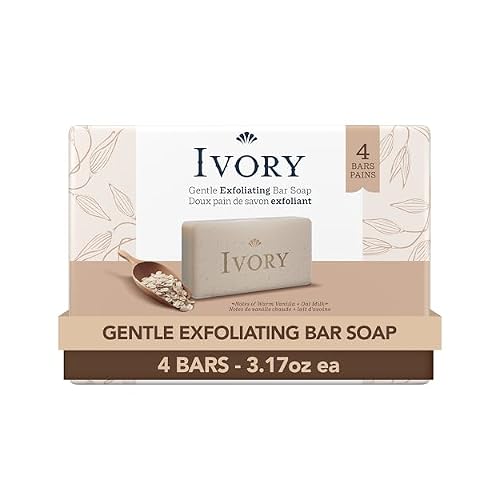 Ivory Exfoliating Bath Bar Soap, Designed for Whole Family with Plant-Based Cleansers, Made Without Heavy Perfumes, Parabens or Phthalates, Warm Vanilla  Oat Milk Scent, 3.17 oz 4 Count