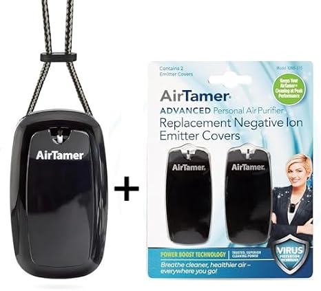 AirTamer A315 Rechargeable Portable Air Negative Ion Generator + Replacement Negative Ion Emitter Covers (2-Pack) | Advanced Personal Air Purification with Leather Travel Case | Proven Performance, Bl