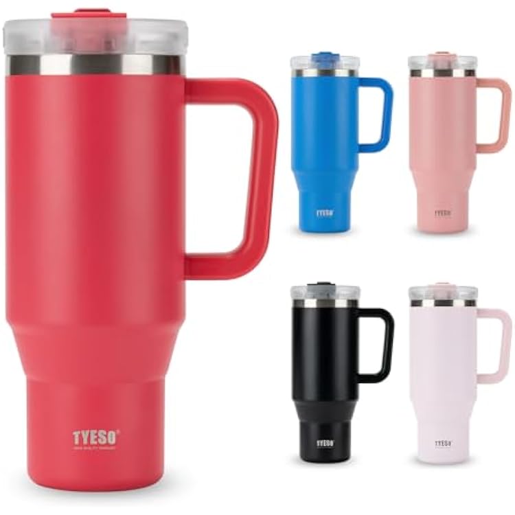TYESO Vacuum Insulated Tumbler Water Bottle Cold Insulation Stainless Steel Bottle Straw Handle Mug Double Wall Wide Mouth ROSE RED, 40 oz