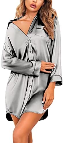 Ekouaer Sleepwear Long Sleeve Nightshirt Satin Sleepshirt Button Front Pajama Top for Women L, Dark Grey