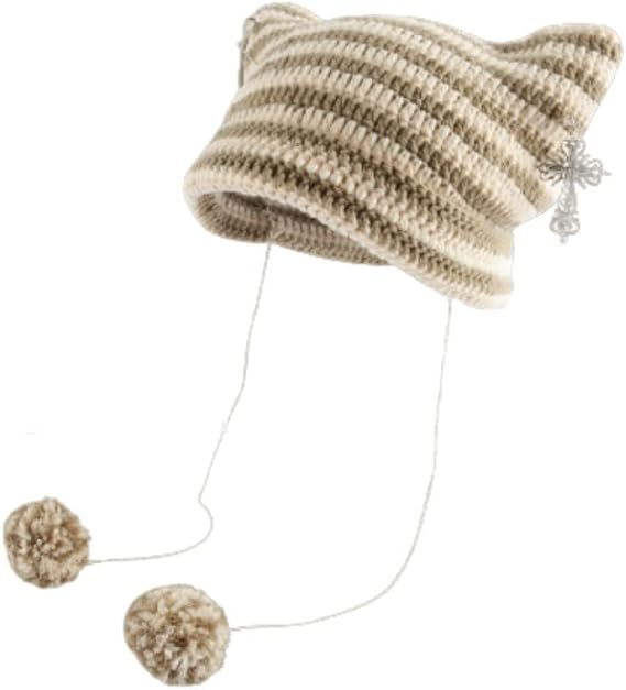 Acubi Cat Ear Beanie Y2K Emo Knitted Hat Gyaru Cyber Punk Cross Crochet Cap Cottagecore Pompoms Slouchy Accessories