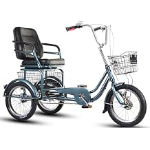 Adult Rickshaw Pedal Trike,Scooter for Elderly Lightweight Tricycle with Adjustable Comfortable Sponge seat and Vegetable Basket 3 Wheels Cruiser Trike,Green,18 inches