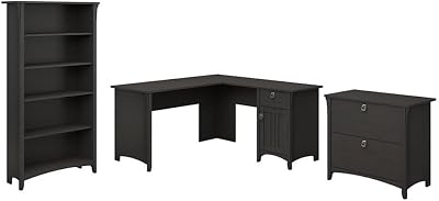 Bush Furniture Salinas L Shaped Desk with File Cabinet and 5-Shelf Bookcase | 3 Piece Living Room Furniture Set in Vintage Black | Storage Cabinet, Bookshelf & Office Desk