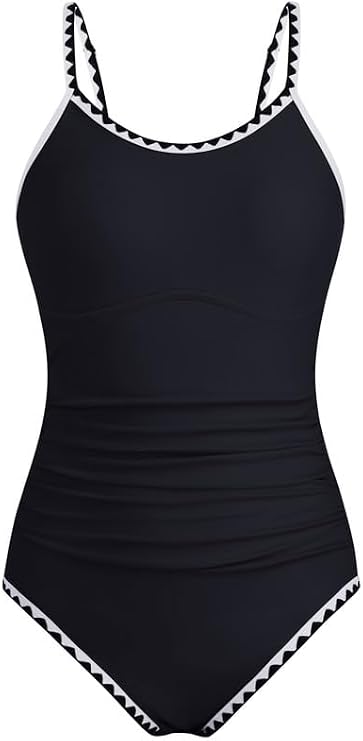 XiaoMoSha Swimming Costume Girls One Piece Bathing Suit with Adjustable Straps Color Contrast Trim for Age 6-16 Years Teens Girls