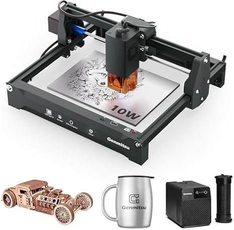 Genmitsu Laser Engraver Machine Kortek 10W 10000mW + Smoke Purifier, Portable Fume Extractor with Five-Layer Filtration, Adjustable 3-Speed Control, Safety Class 1