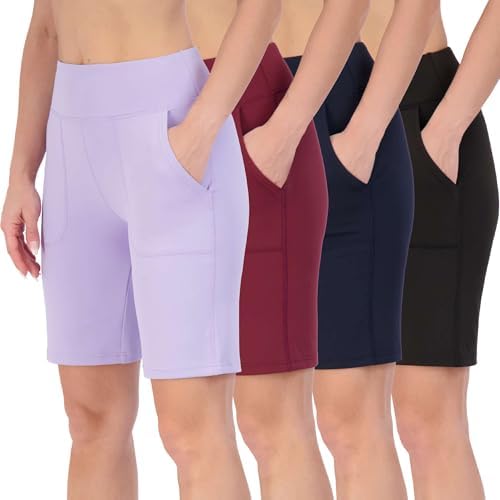 Real Essentials 4 Pack: Womens 9 Bermuda Long High Waisted Shorts with Pockets Casual Workout Athletic Available in Plus