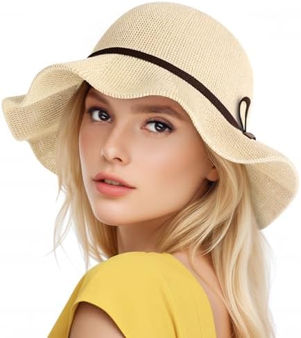 Sun Beach Hats for Women, Summer UPF 50 UV Sun Protection Wide Brim Woven Hat Foldable Packable Knitted Cap