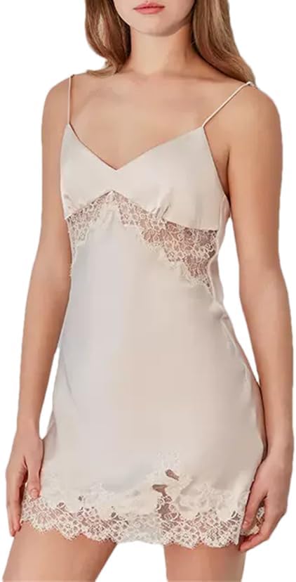 Silk Nightgown For Women V Neck, French Lace Pajama Dress