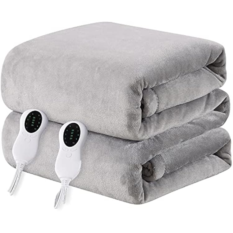 Instant Heating Max Temp 149F Heated Blanket Queen 84x90 Dual Control, 10 Heat Settings Stitchless Fleece Electric Blanket for Bed, 2468hrs Timer Auto Shut Off, Machine Washable, Grey