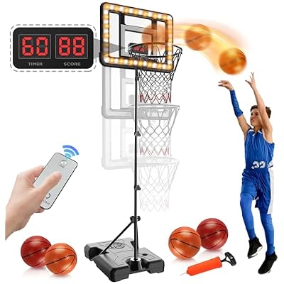 Kids Basketball Hoop Indoor Outdoor,Adjustable Height 2.9ft-5.9ft Toddler Basketball Hoop with LED Light & Scoreboard,Goal Toy for Boys Girls Age 3 4 5 6 7 8 Backyard Sports Game Gifts Black