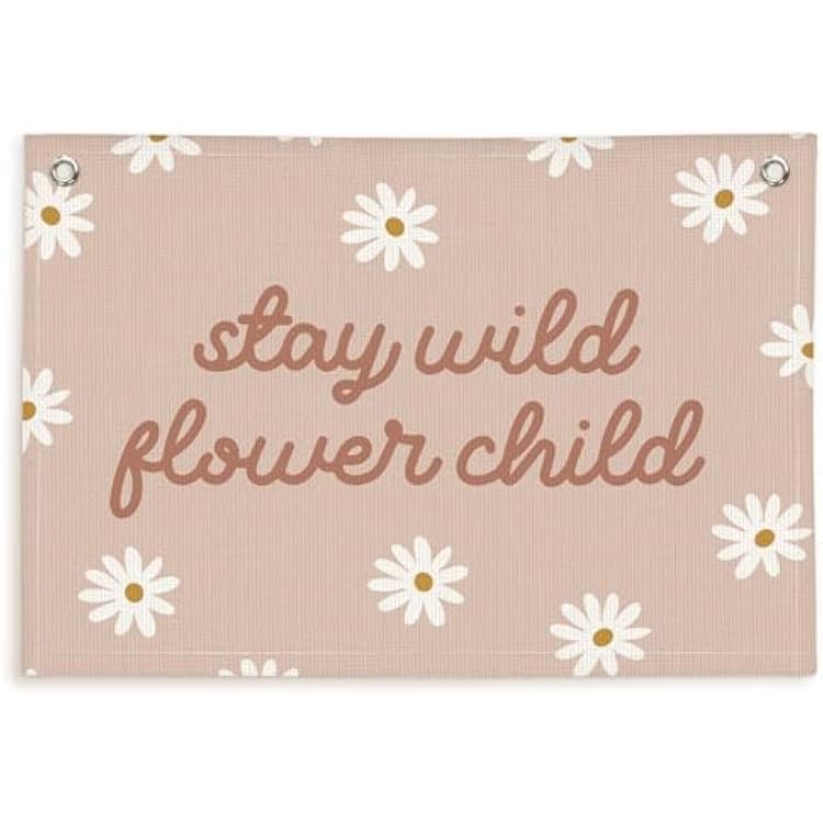 Lacama Girls Room Wall Decor, Floral Canvas Banner Wildflower Linen Hanging for Nursery, Boho Girls Bedroom, Baby Shower & Daisy Theme Kids Art 30x20 Inch