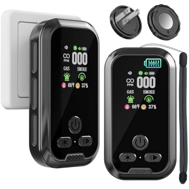2 Packs, Plug-in Carbon Monoxide Detector, 5-in-1, with HD Display, 3Icons, for Gas, CO, Smoke, Display Temperature, Humidity, 100dB Alarm,Built-in Battery for Portable Use, Display Power Level,Black