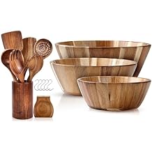 Wooden Utensil Set 8 Pcs with Holder, Spoon Rest, 6 Hooks & Wooden Salad Bowl 3 Pcs - Durable Spoons for Cooking with Comfort Grip - Round Design Large Bowl Set for Serving