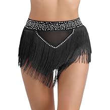 Vxuxlje Women's Shiny Rhinestone Fringe Trim Shorts Ballroom Dance Bottoms Tassel Booty Shorts