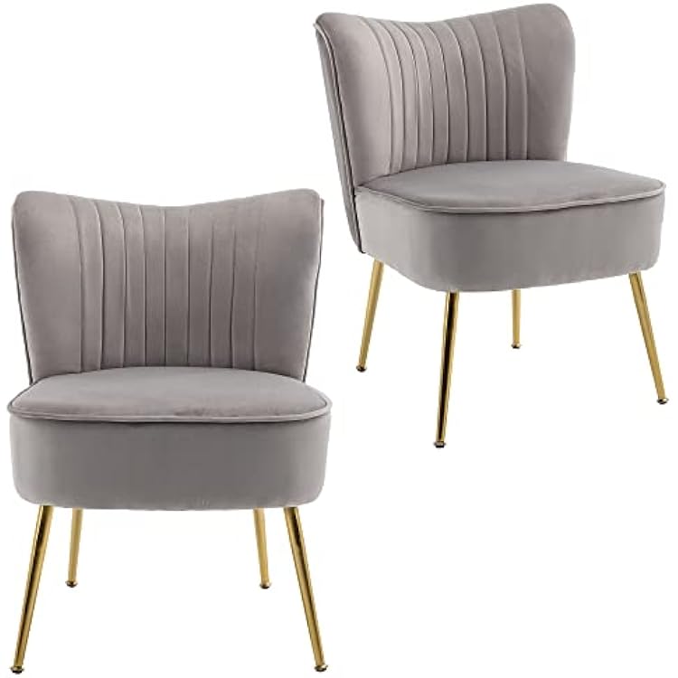 KCC Modern Velvet Upholstered Accent Chair Set of 2,Mid Century Living Room Chairs with Golden Legs,Comfy Armless Chair Wingback Single Sofa Side Chair for Bedroom,Light Gray