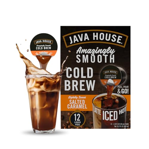 Java House Cold Brew Coffee Concentrate Single Serve Liquid Pods, Peel and Pour, 1 Count Pack of 12, Salted Caramel Lightly Sweet