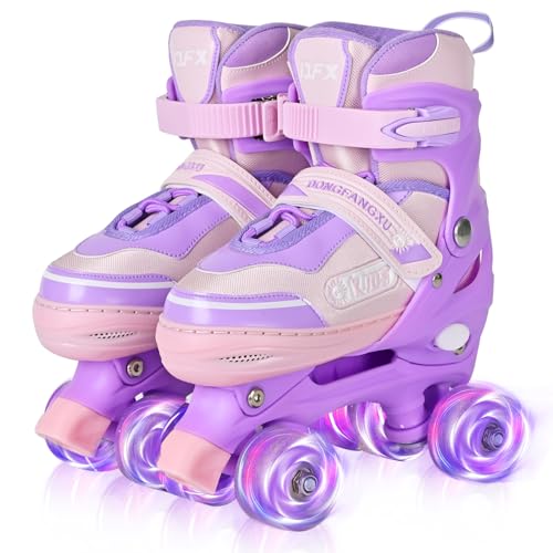 Girls Roller Skates for Kids - Adjustable 4 Sizes, Light Up Wheels, Quad Purple & Pink Skates for Sports