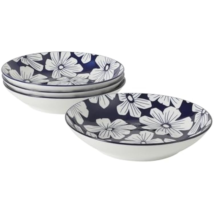 Gibson Home Heritage Sky 4-Piece Pasta Bowl Set, 8 Inch Round Stoneware Bowls, Blue & White Floral Design, Decorative Everyday Use