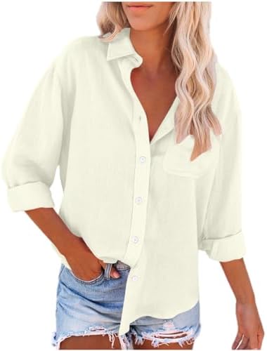 Linen Shirts for Women with Pockets Long Sleeve Button Down Shirt Blouse Loose Fit Vacation Beach Work Tops Clothes