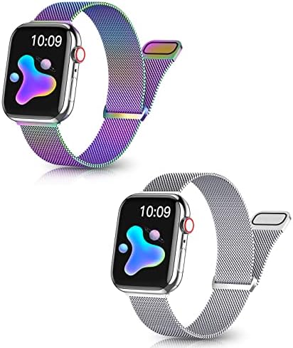 2 Pack Metal Band Compatible with Apple Watch 42mm 44mm 45mm 49mm for Women Men, Multicolour & Sliver