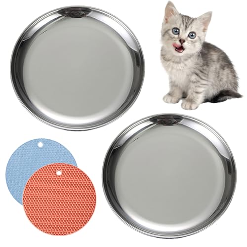 Cat Food Plate - Stainless Steel Bowls Dishes Relief Whisker Fatigue Cat Plates Shallow Bowl with Non-Slip Mats for Wet Food 6 Inch