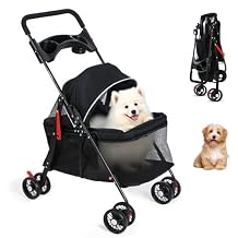 Pet Stroller 4-Wheels Dog Pram for Small Medium Dogs Cats Under 10 KG,Foldable Dog Pushchair,Cat Travel Stroller Carrier Jogger with Cup Holder and Storage Basket Net (Black)