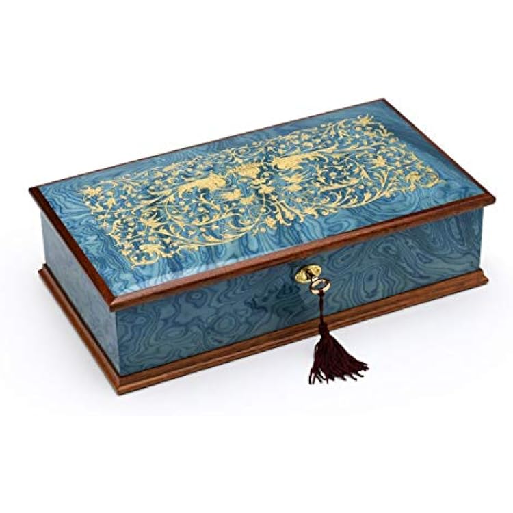Gorgeous Italian Sea Blue 18 Note Grand Arabesque Wood Inlay Musical Jewelry Box - Many Songs to Choose - Romance de Iamour