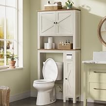 VASAGLE LIRY Collection - Over-The-Toilet Storage Cabinet, 31.3-Inch Wide Farmhouse Bathroom Organizer, Barn Doors, Toilet Paper Holder, Adjustable Shelves, Space-Saving, Rustic White UBTS027WJ01S