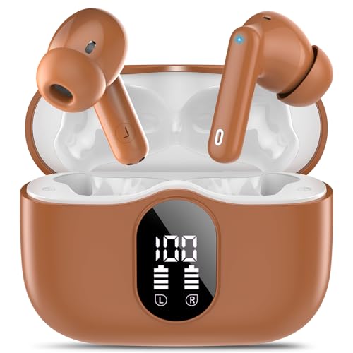 Wireless Earbuds, Bluetooth 5.4 Headphones Bass Stereo, Ear Buds with Noise Cancelling Mic, LED Display in Ear Earphones Clear Calls, IP7 Waterproof Bluetooth Earbuds for LaptopPhonesSports, Brown