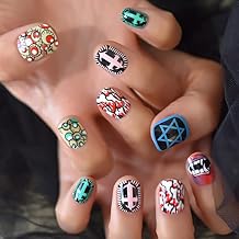 EchiQ Hallowen Nails Art Green Pink Cute Graffiti Fake Nails Black Red Blue Short Oval DIY Manicure Salon Lips Cross Wearable Artificial Acrylic False Nails 24pcs/Set