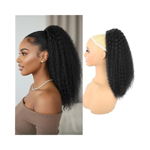 Kinky Straight Ponytail Extension for Black Women,16 Inch Yaki Drawstring Ponytail,Natural-Looking Thick Synthetic Hairpiece for Daily WearNatural Black