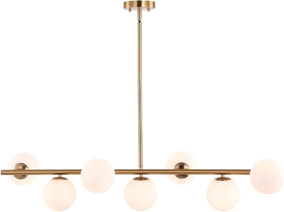 7 Lights Modern Sputnik Chandelier Globe White Glass Shade Brass Linear Mid Century Farmhouse Pendant Light Fixture for Kitchen Island Bedroom Dining Lighting (Gold)