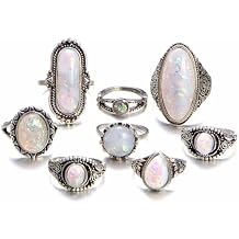 925 Sterling Silver 8PCS Silver Plated Ring Thin Stacking Ring for Women Statement Stackable moonstone ring Opal Gemstone Teardrop Midi Rings Cocktail Party Birthday for Women Gift