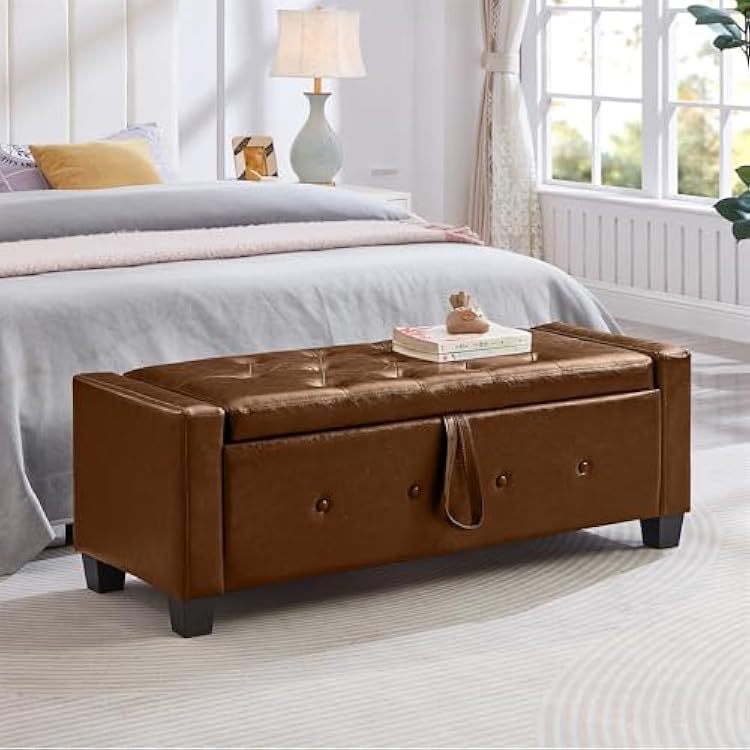 48 Upholstered Storage Ottoman Bench, Tufted Faux Leather PU Foot Rest Stool for Living Room, Bedroom, Hallway & Entryway, Black Brown
