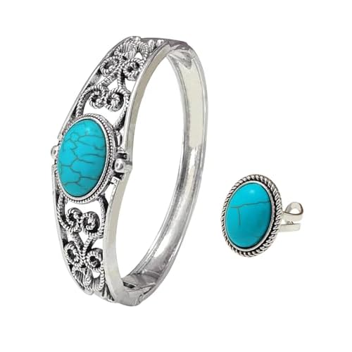 TOPACC Turquoise Bracelet for Women with Turquoise Ring Western Cowgirl Bracelet Bohemian Jewelry Set for Western Outfit