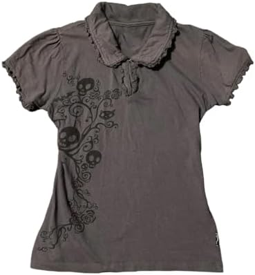 Skull Print Graphic Polo Golf Shirts for Women Lace Trim Short Sleeve Gothic Punk Tshirts Emo Tees Grunge Crop Top