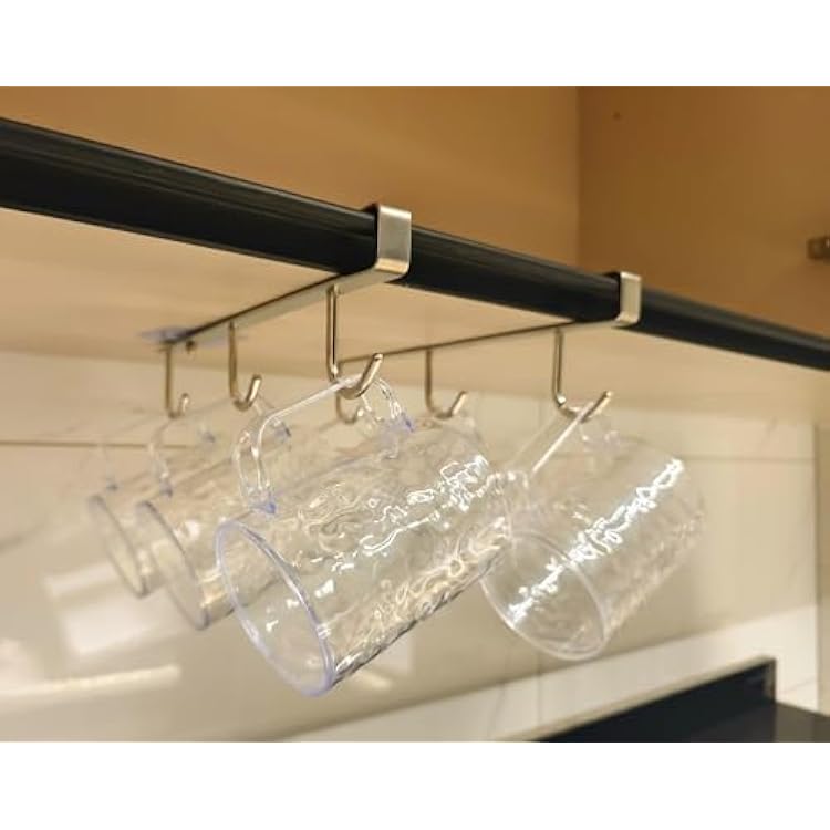 Mug Hooks Under Cabinet , 304 Stainless Steel Cup Hooks for Hanging Under Shelf, Mug Organizer Rack with 6 Hooks for Displaying Mugs, Coffee Cups and Kitchen Utensils,Fit for 0.8 or Less thickness